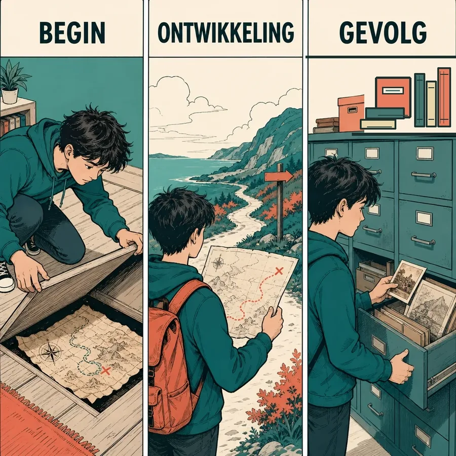 Three-panel illustration showing the beginning, development and result of a learning journey
