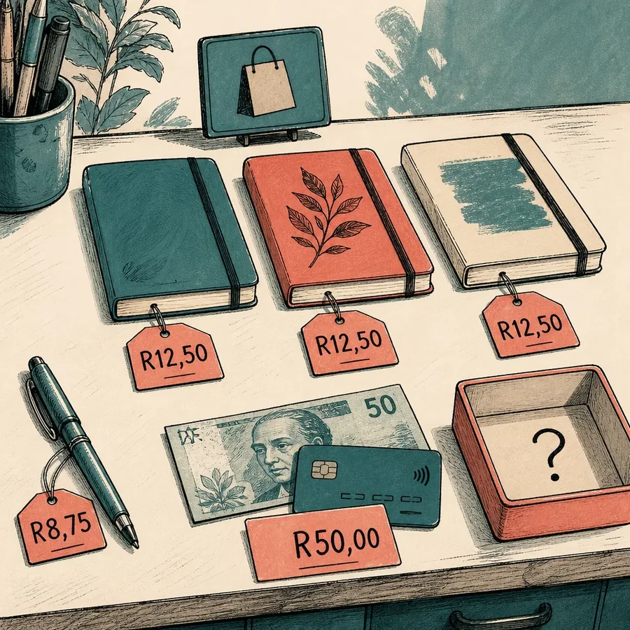 Illustrated stationery prices with cash and card payment options