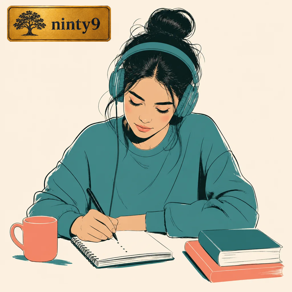 Learner studying with headphones and books